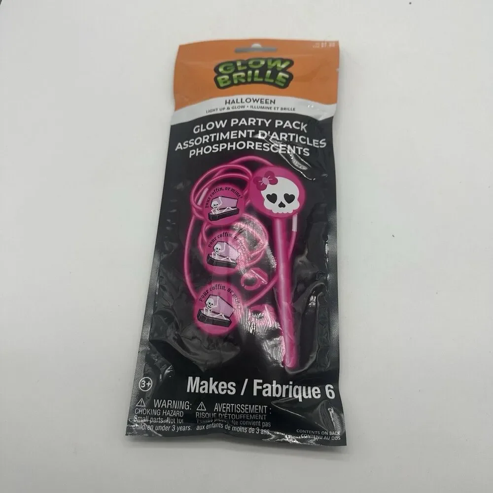 Lot of 10 Glow Brille Halloween Glow Party Pack Pink Skull Coffin Sticks Rings